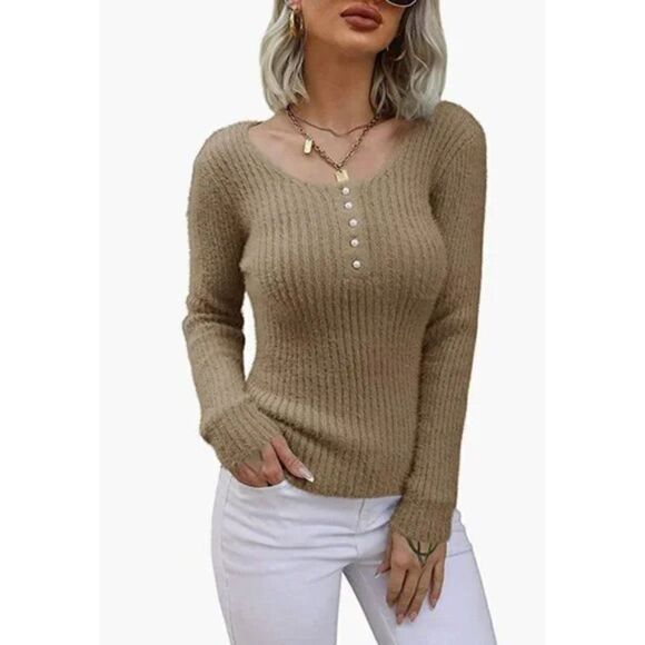 Beige Fuzzy Ribbed Knit Pearl Button Up Henley Long Sleeve Tee Sweater Top - Picture 5 of 8